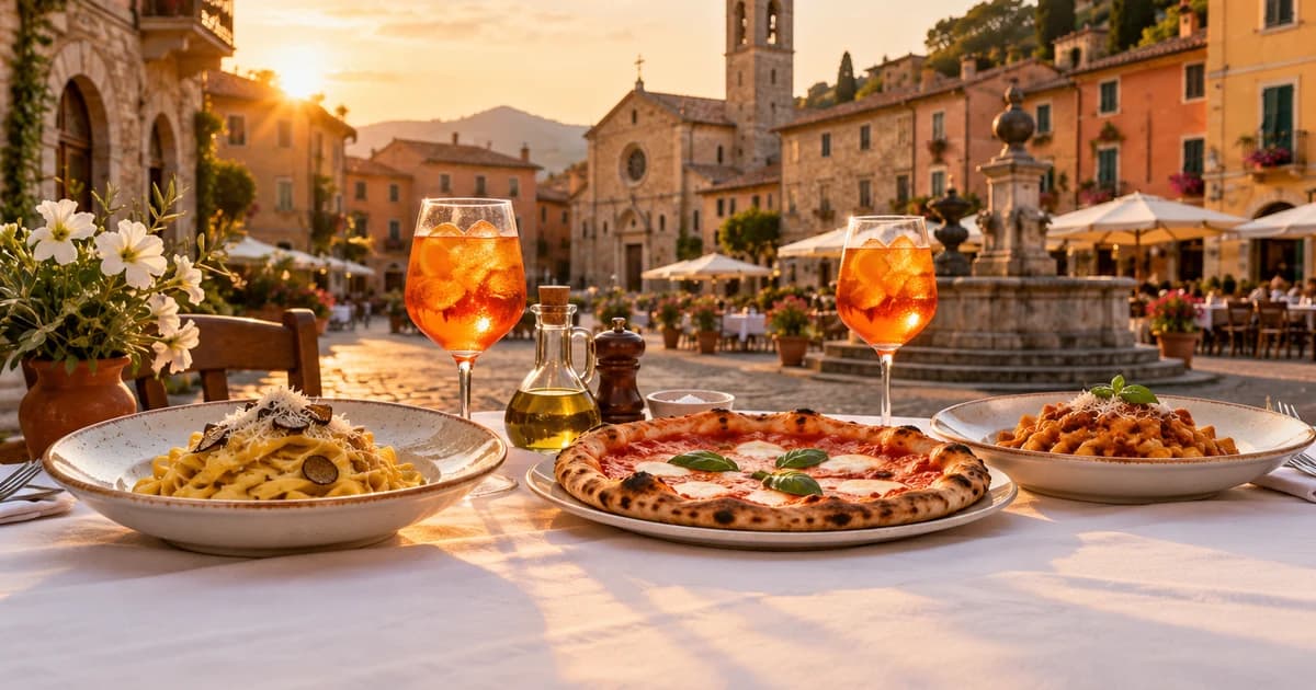 Illustration of a café table set in an Italian piazza at golden hour