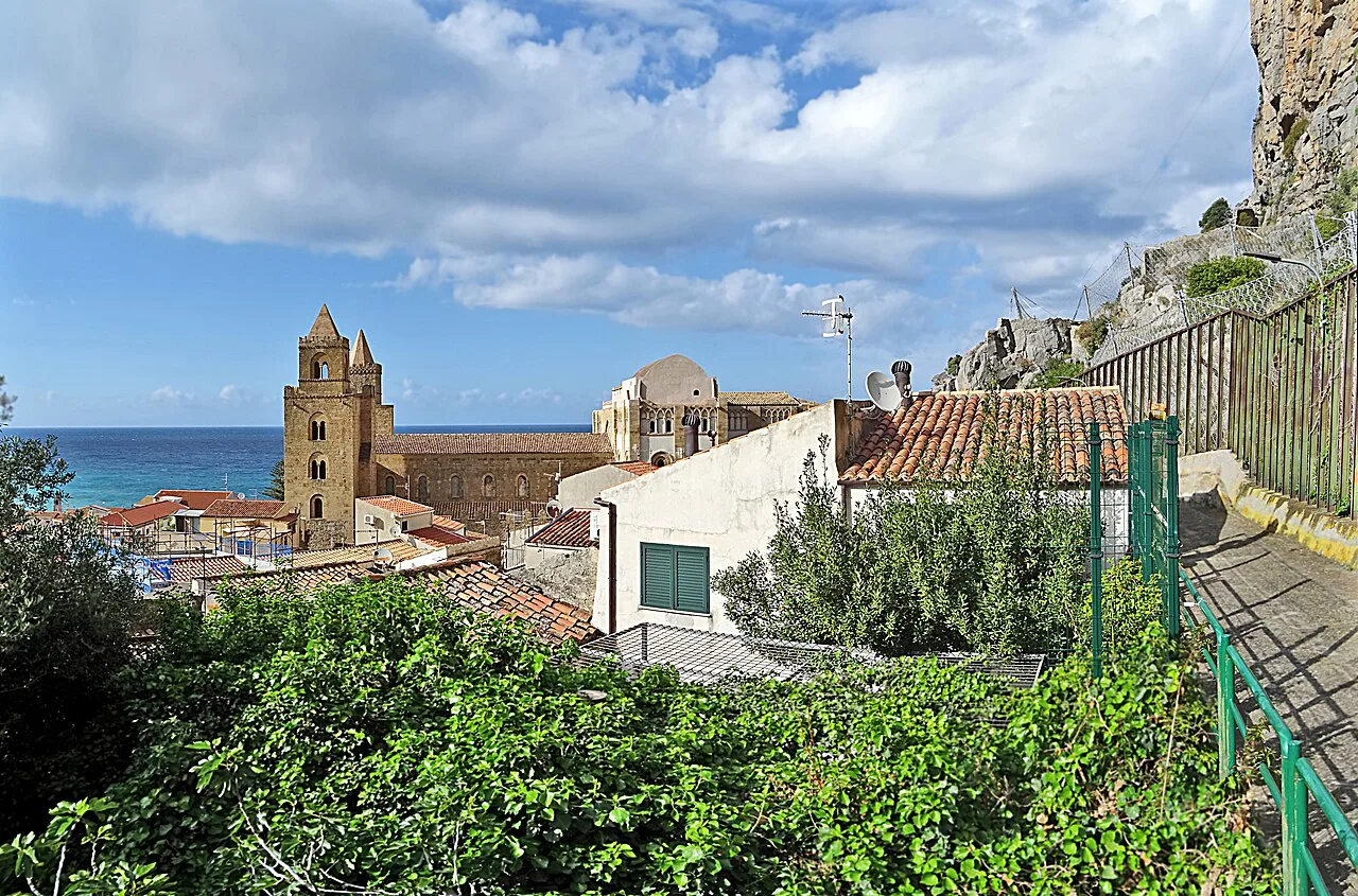 Cefalù Cathedral seen over the rooftops.