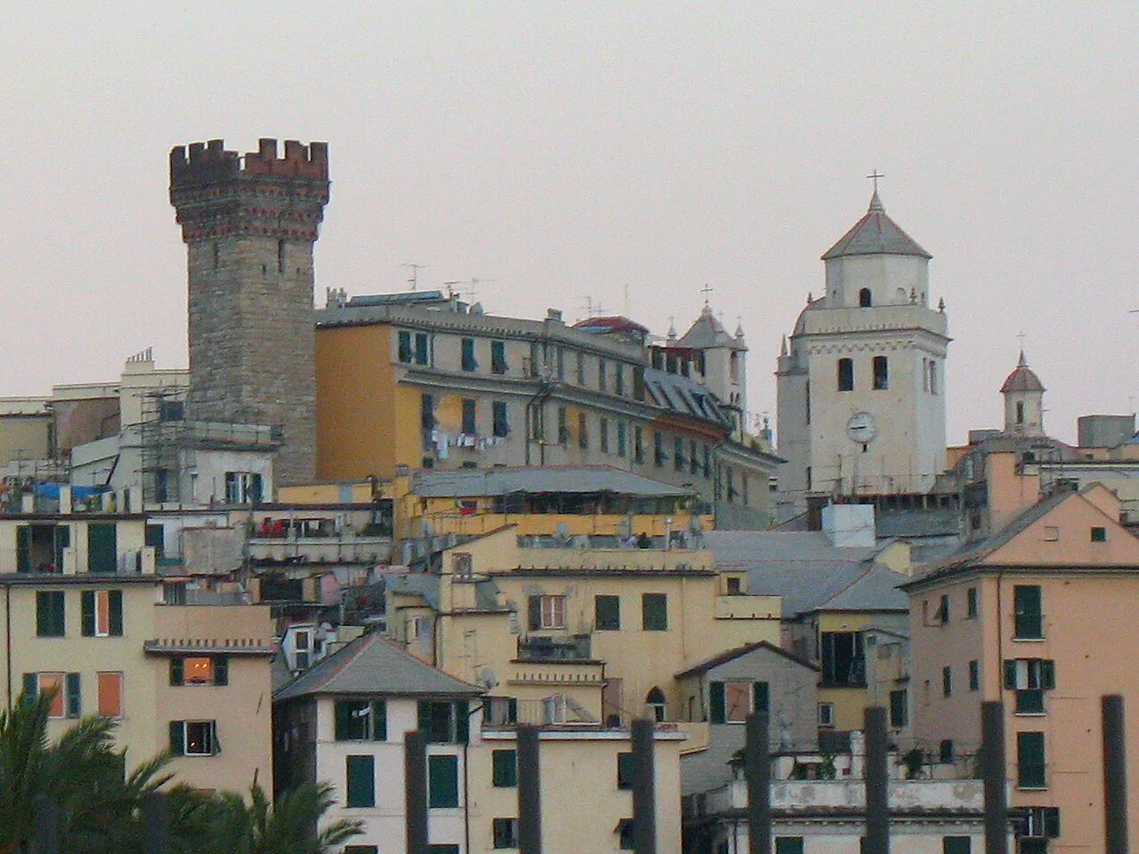 Rooftops and towers in the old town of Genoa.