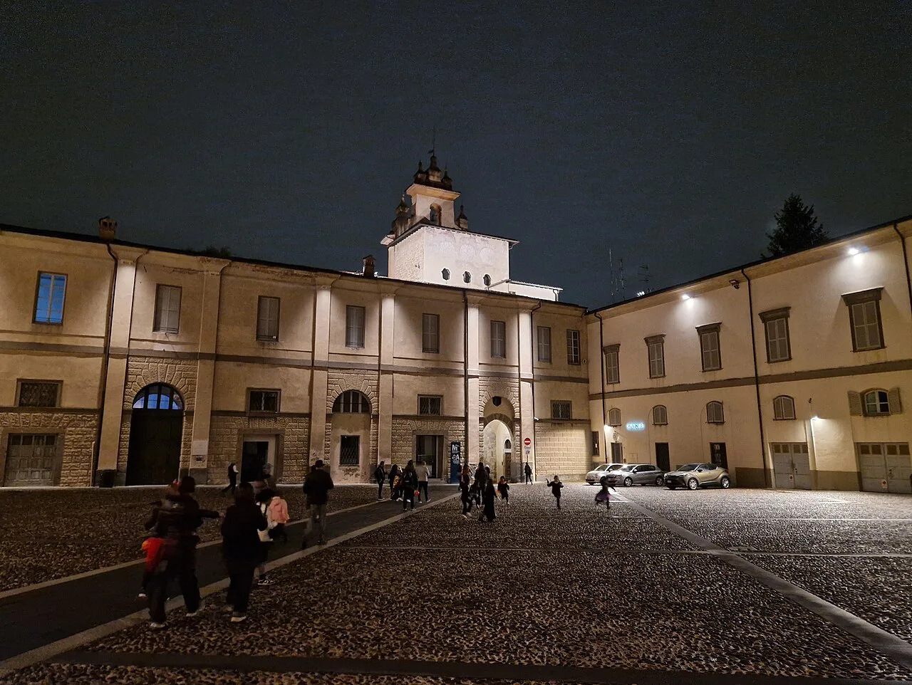 Piazza Vecchia in Bergamo at night.