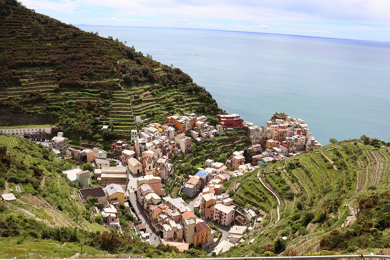 Manarola seen from above on the Ligurian coast.