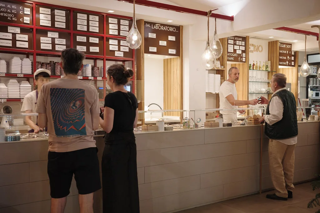 The counter of a gelateria in Modena.