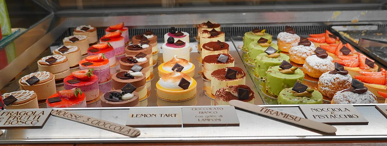 Tray of small pastries in Trieste.