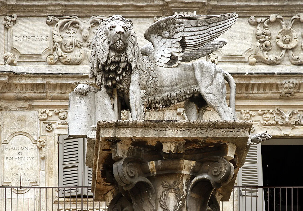 Winged lion sculpture in Piazza delle Erbe, Verona.