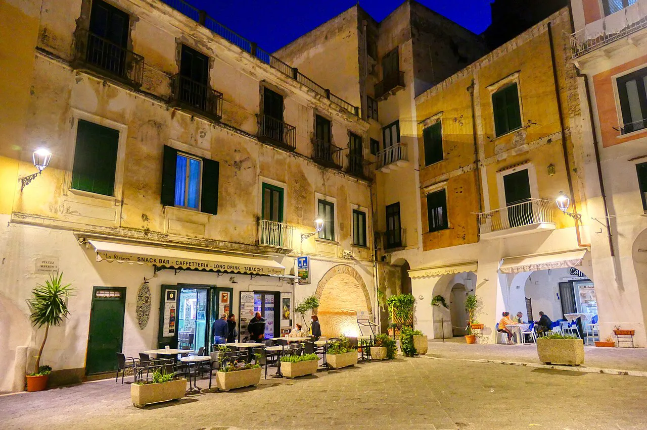 Restaurant square in Amalfi at night.