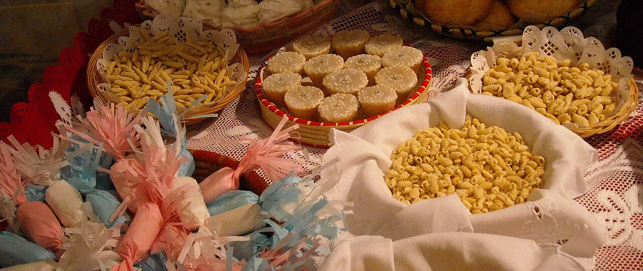 Traditional Sardinian breads and sweets on display.