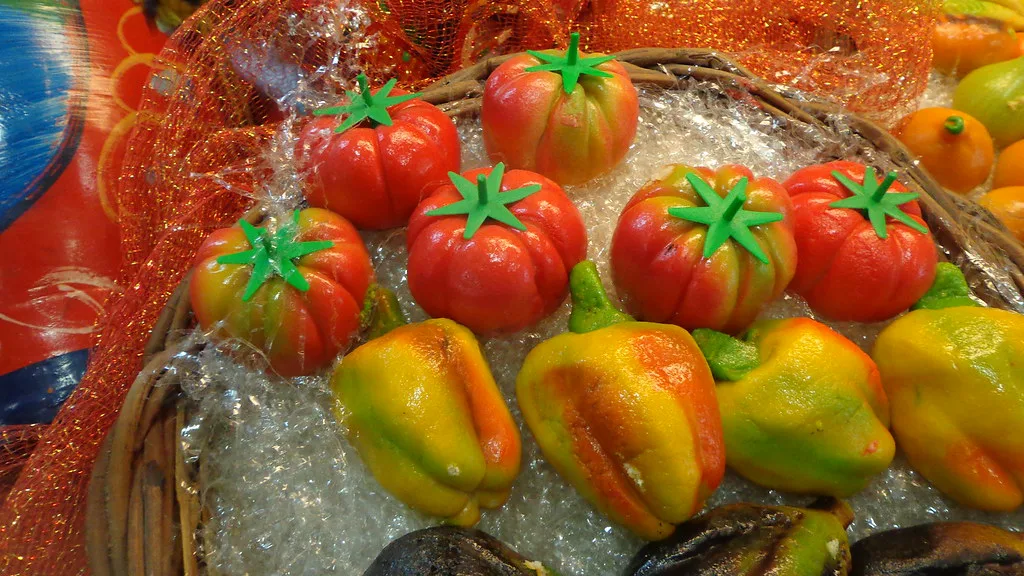 Marzipan fruit, a Sicilian sweet, in Catania.