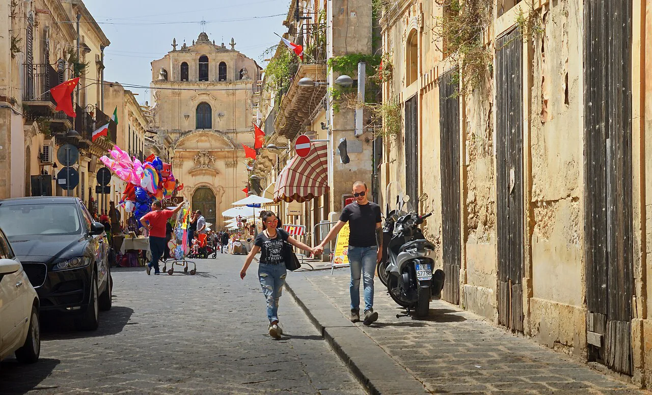 Church on a street in Noto.