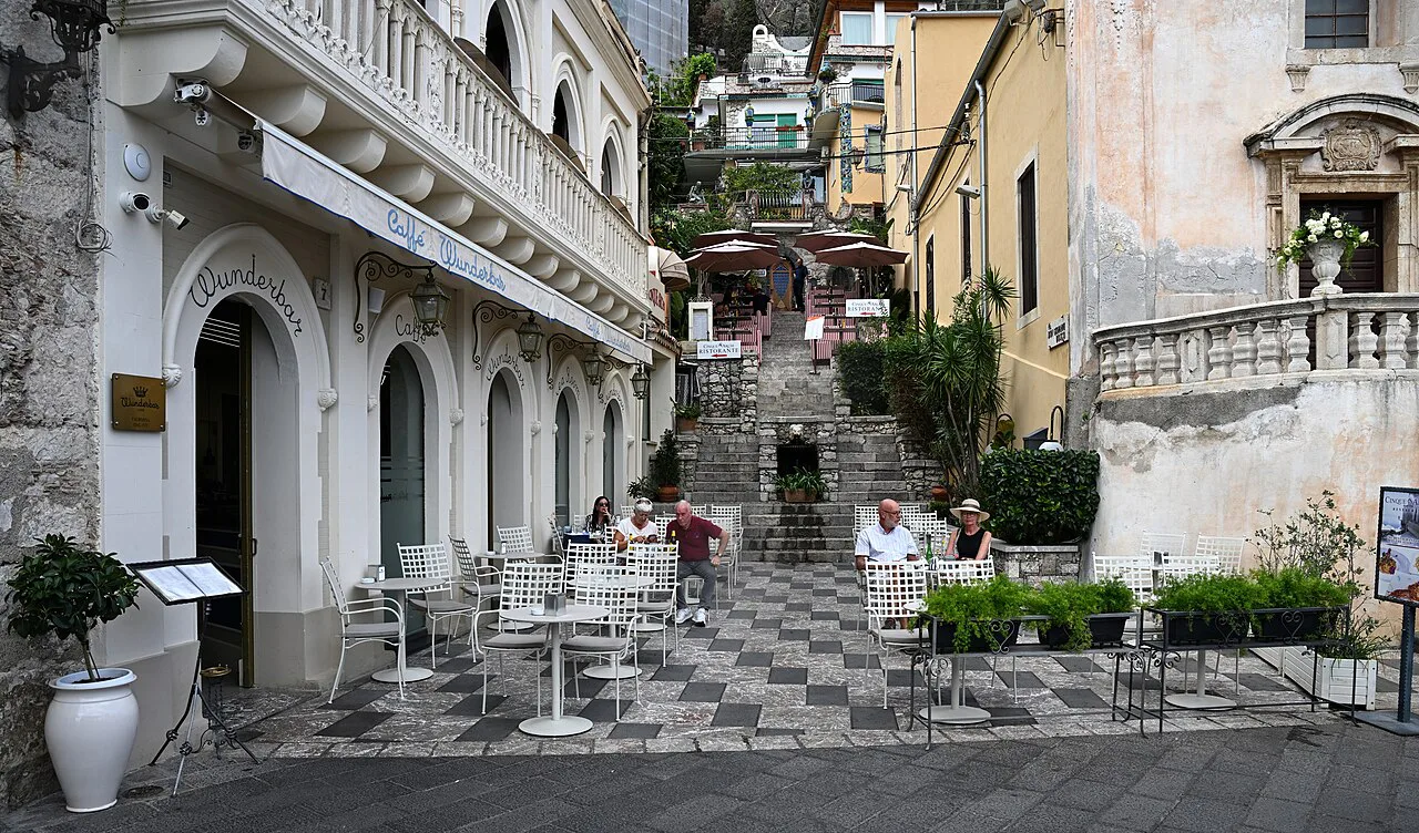 Hotel terrace and steps in Taormina.