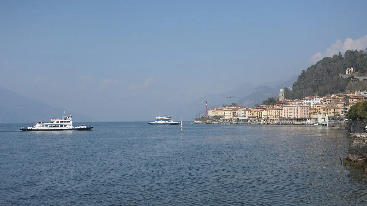 Ferry on Lake Como with Bellagio on the shore.