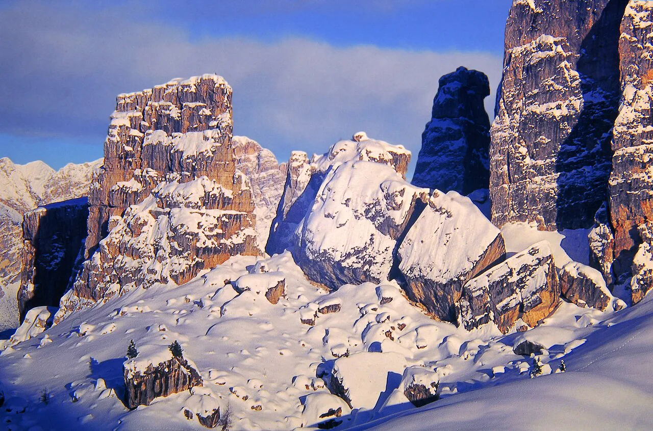 Snow-covered Dolomite peaks near Cortina d'Ampezzo.