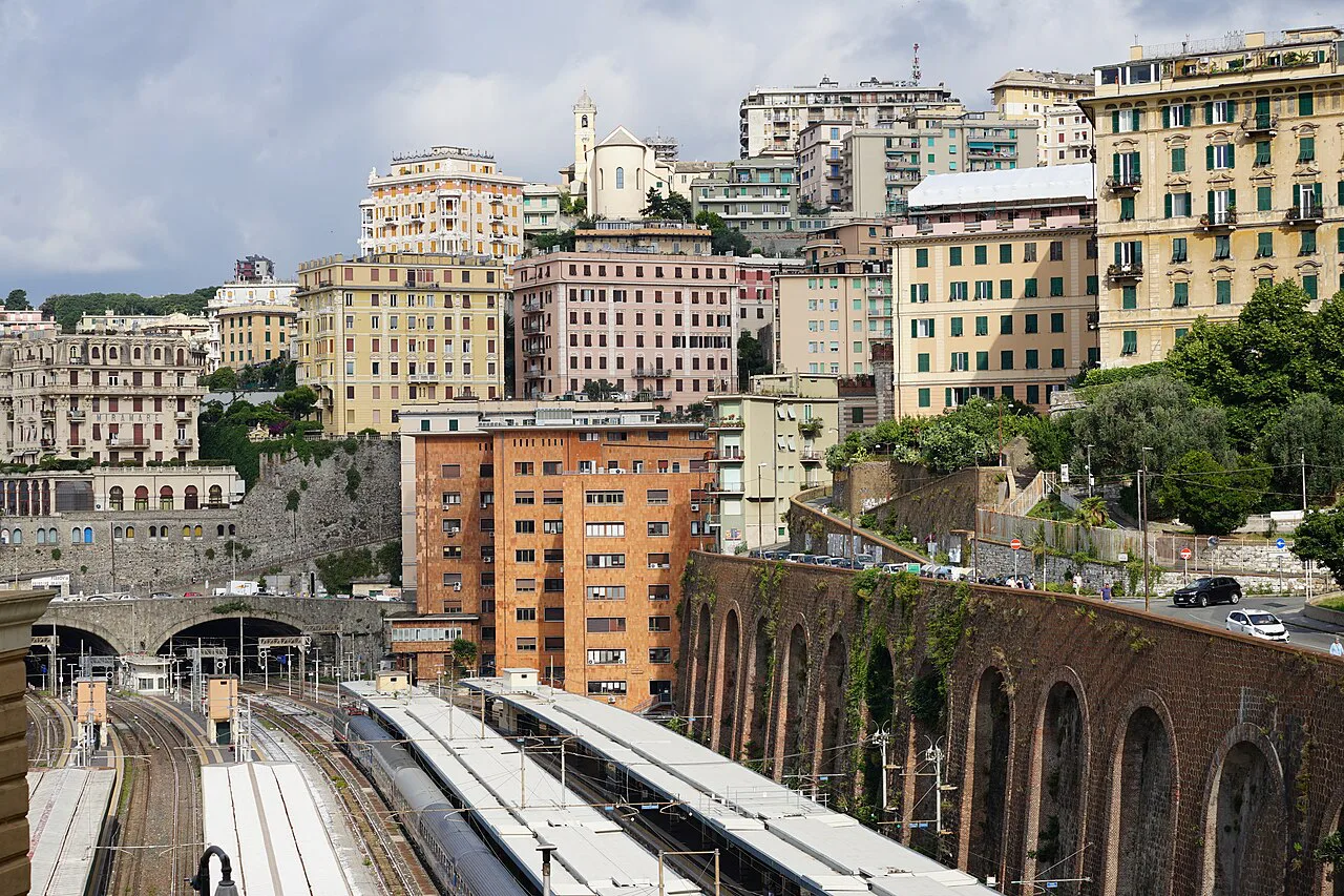 View over Genoa's rooftops and railway.