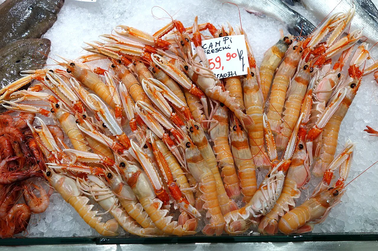 Langoustines on ice at Genoa's Mercato Orientale.