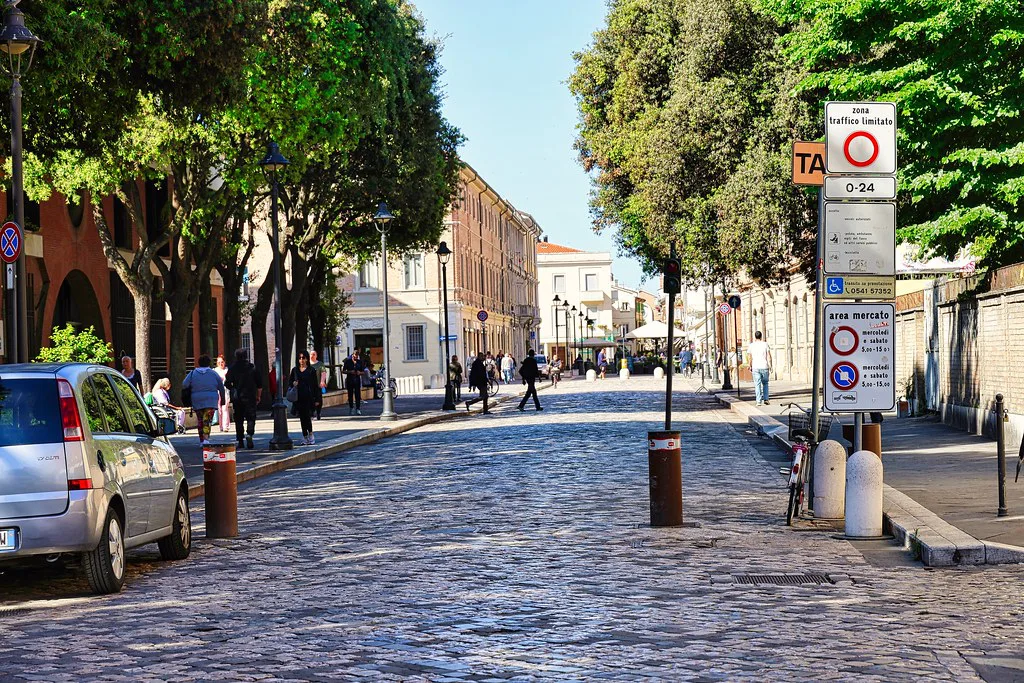 Cobbled street in the historic centre of Rimini.