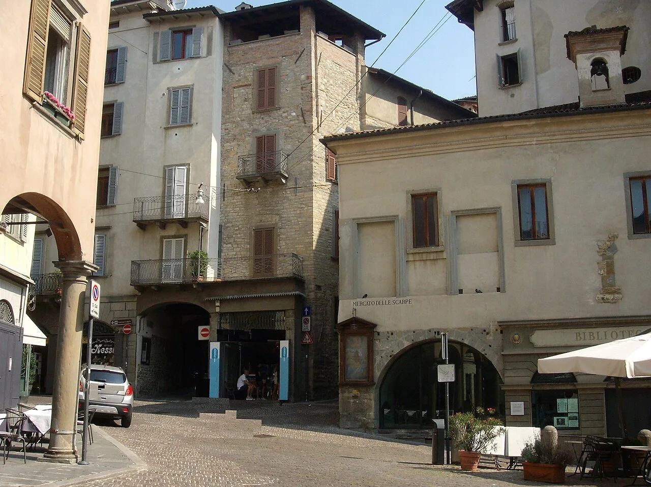 Old-town square in Bergamo Città Alta.