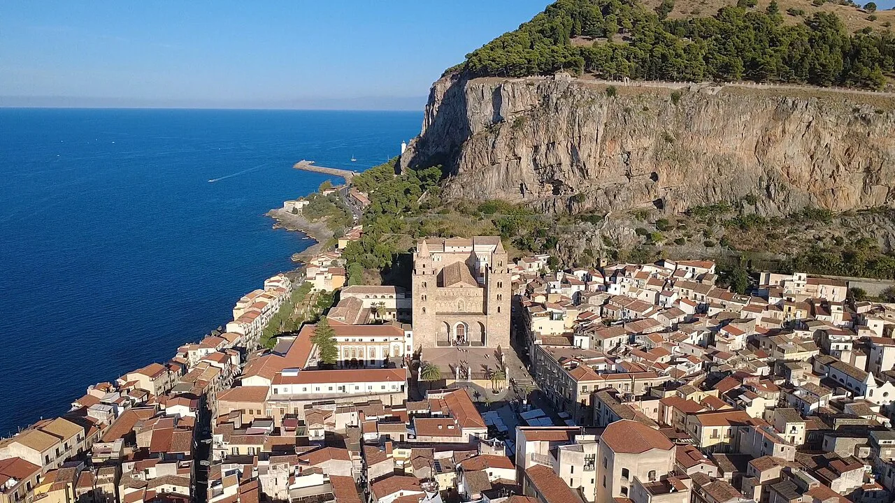 Cefalu cathedral and town from above.