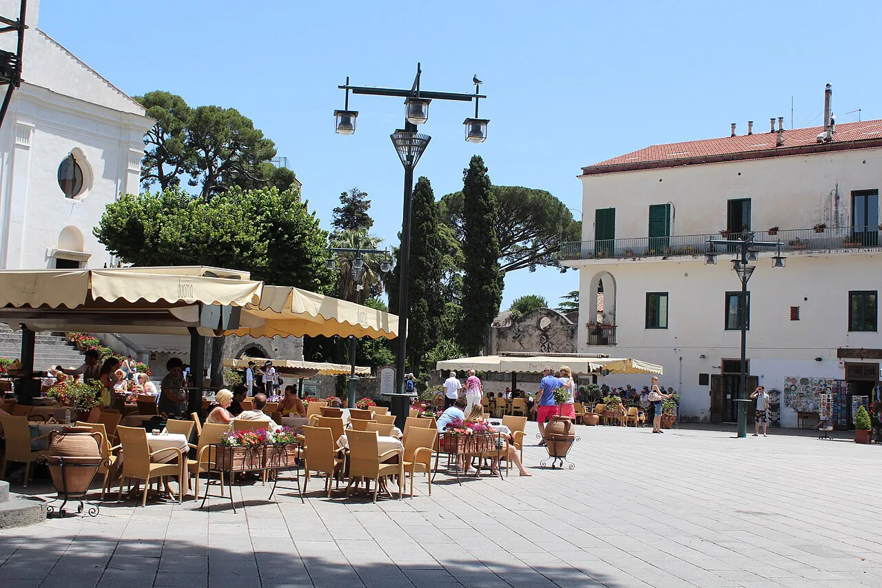 Cafe tables on the square in Ravello.