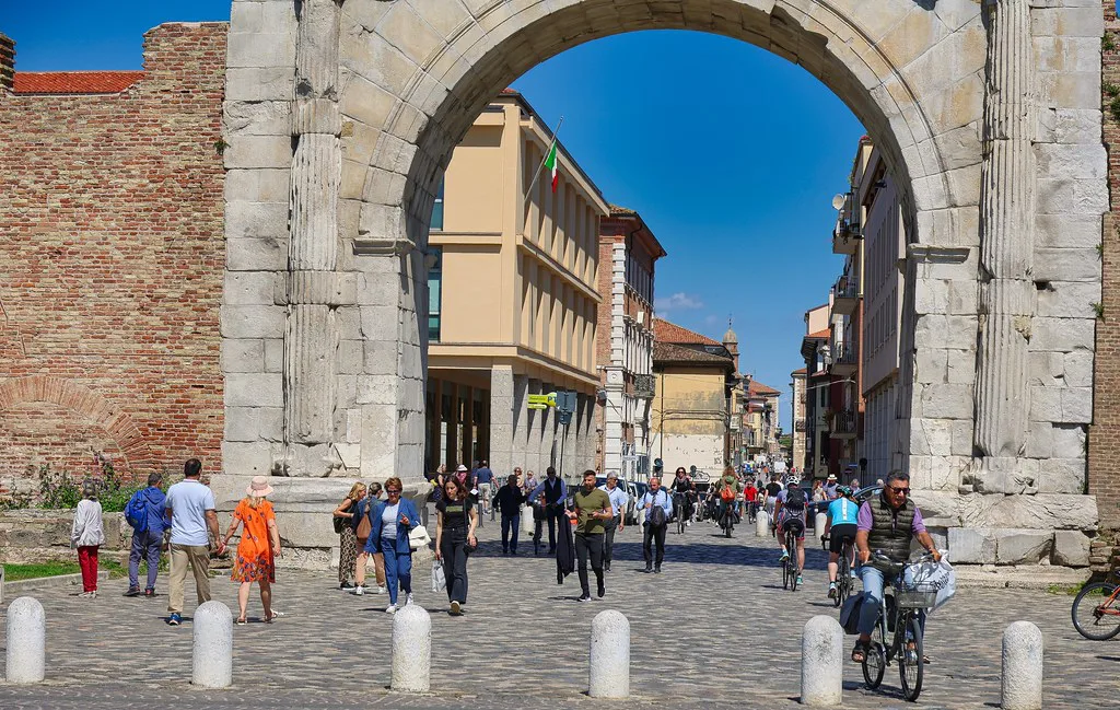 Arch of Augustus at the end of Rimini's pedestrian old town.
