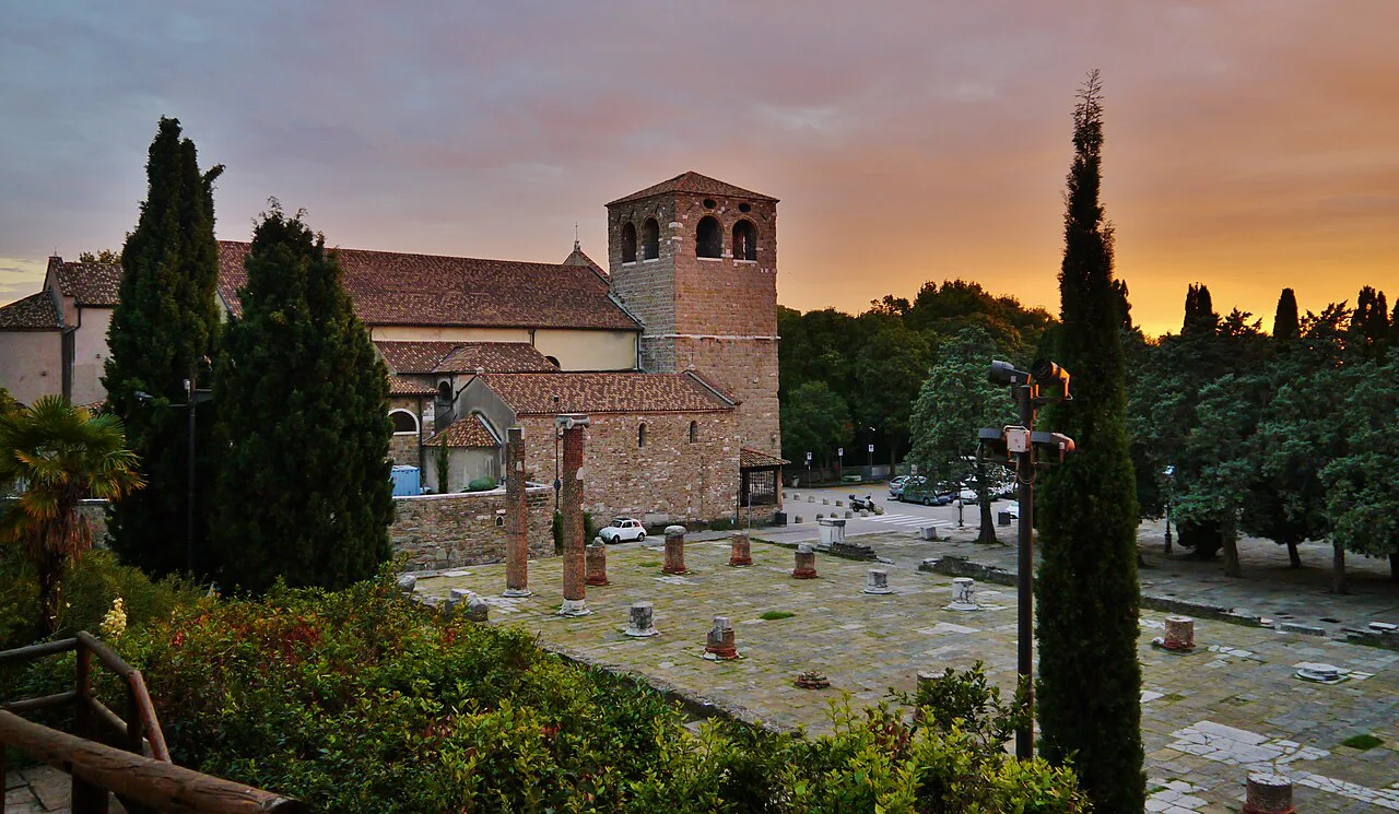Trieste cathedral and Roman forum at dusk.