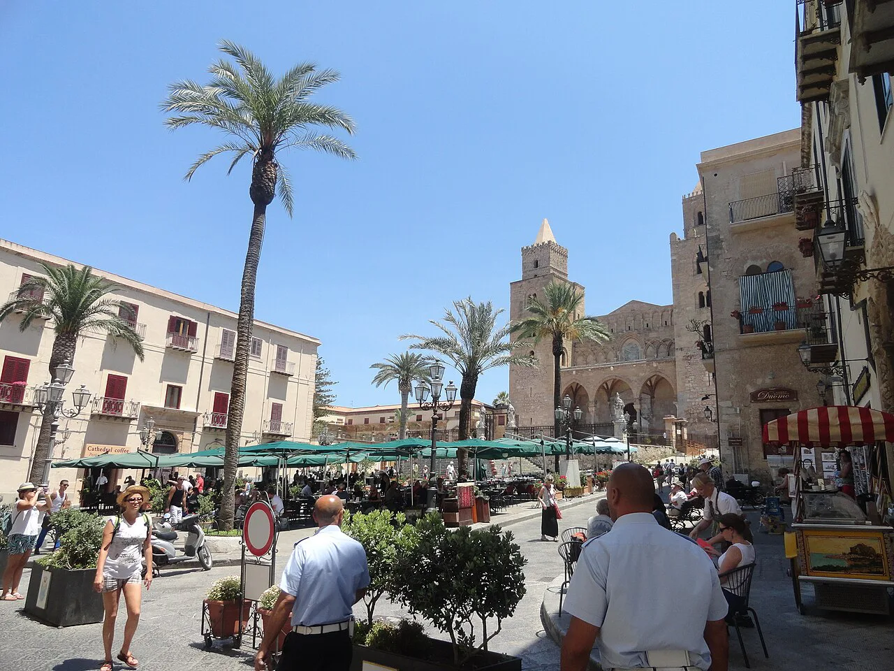 Cefalù's cathedral square on a market day.