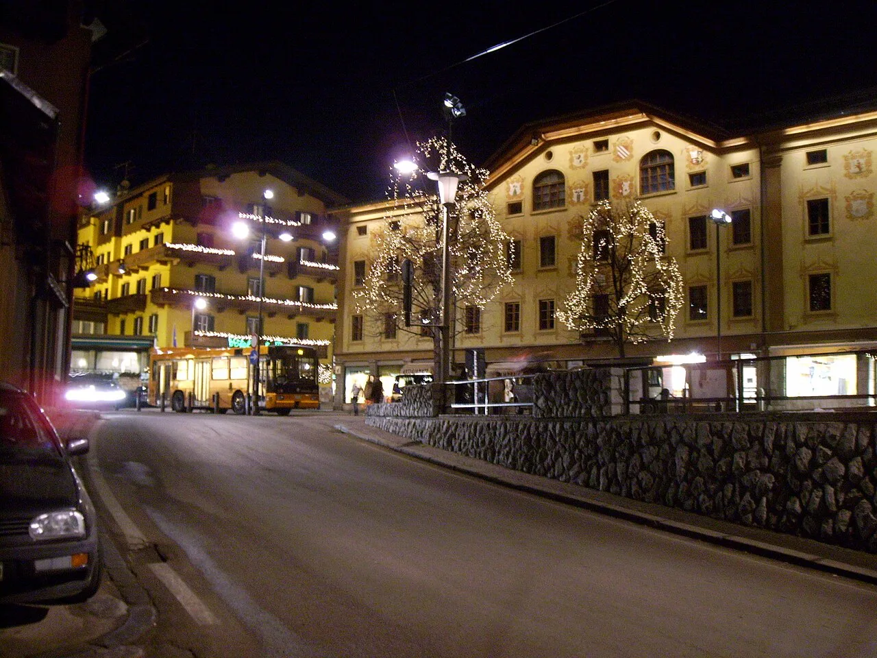 Cortina d'Ampezzo town centre at night.