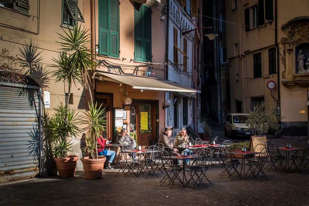 Café tables in Piazza del Carmine in Genoa.