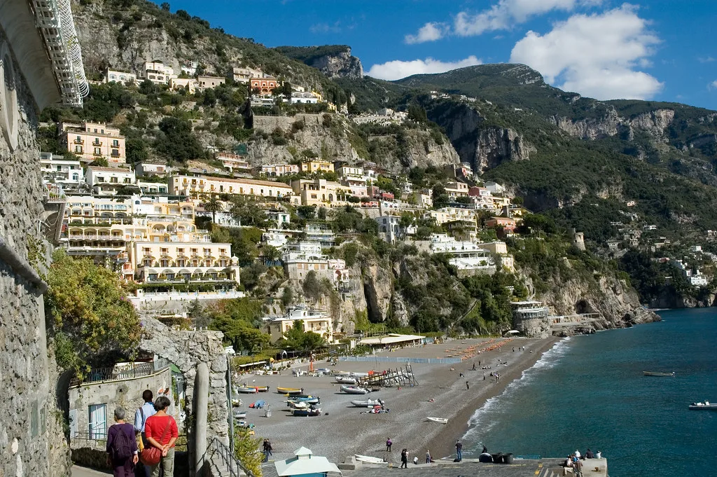 Positano and its beach seen from the cliff path.