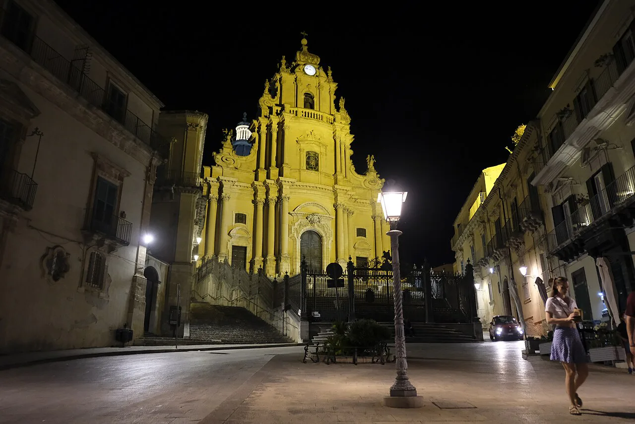 Ragusa cathedral lit at night.