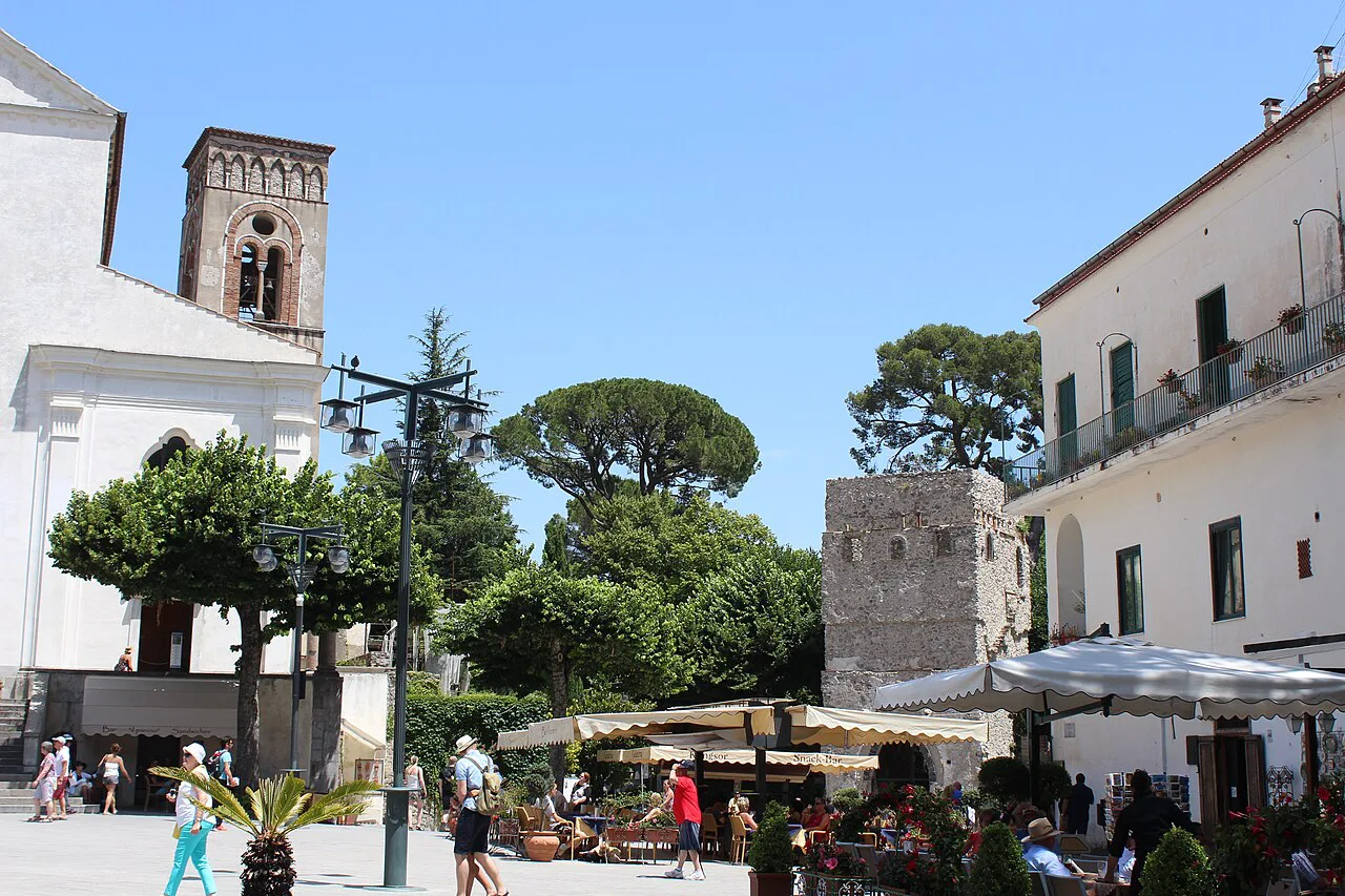 Cafe terraces on the square in Ravello.