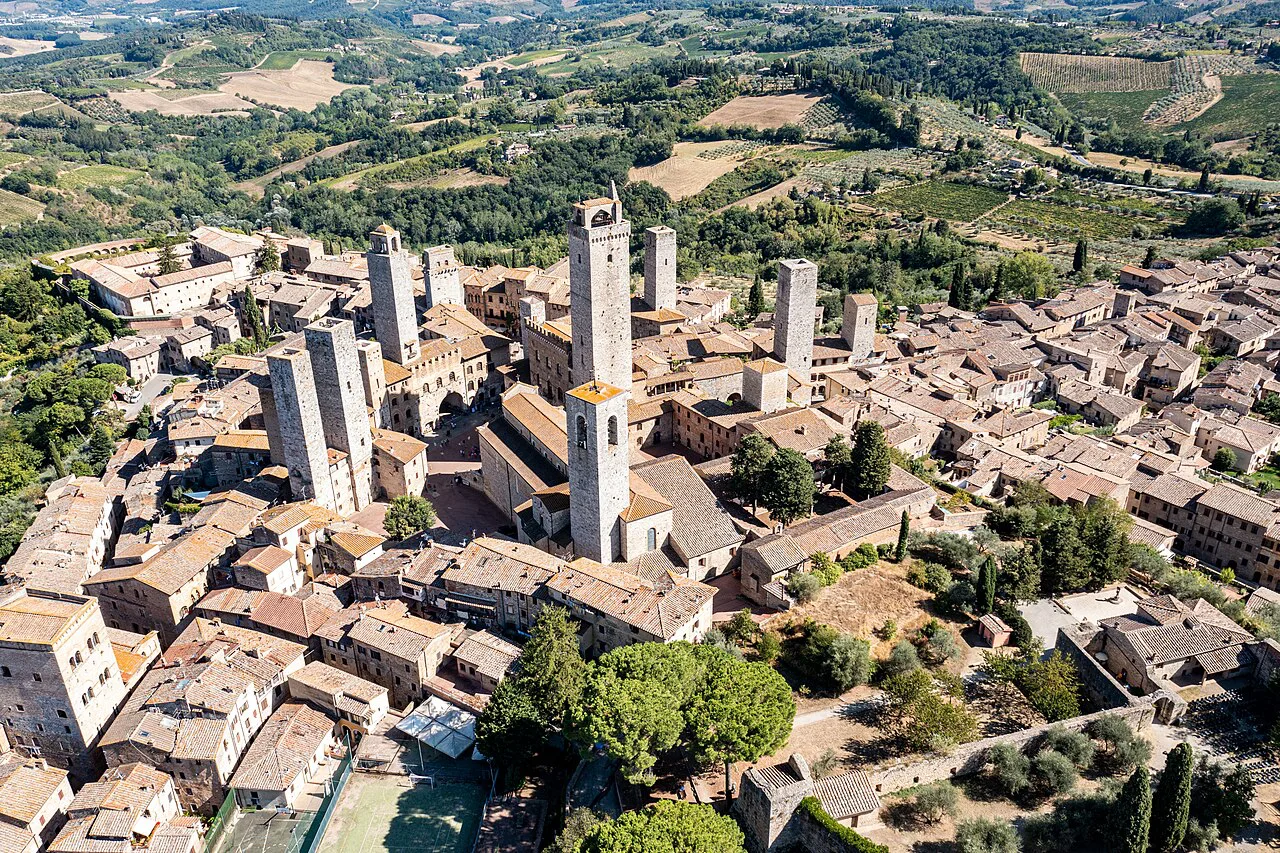 Aerial view of San Gimignano's towers.