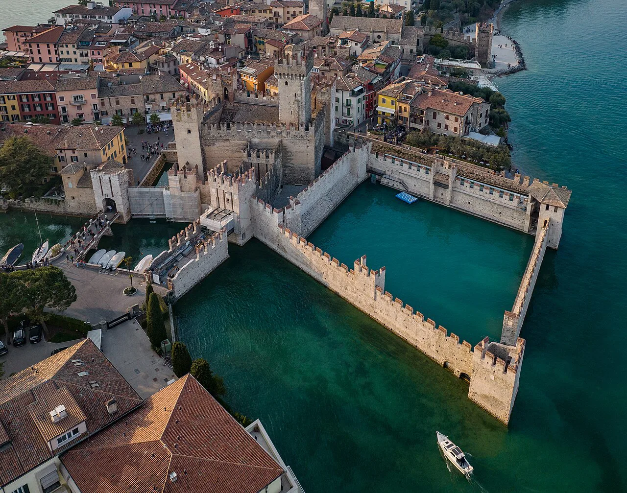 Aerial view of the Scaligero Castle and harbour in Sirmione.