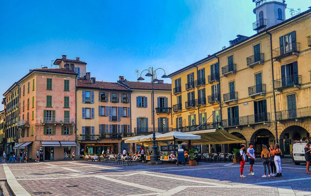 Cafe terraces on a square in Como.