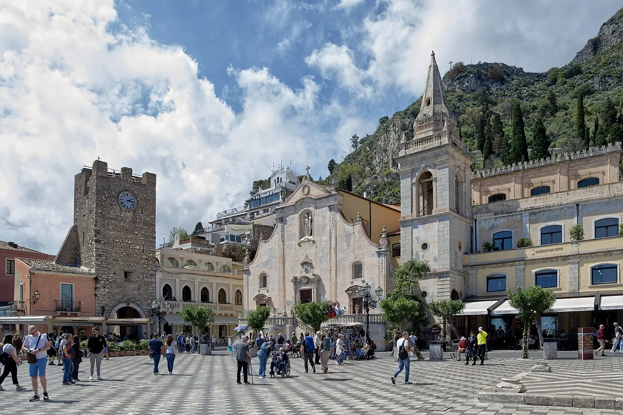 Taormina square with the clock tower.