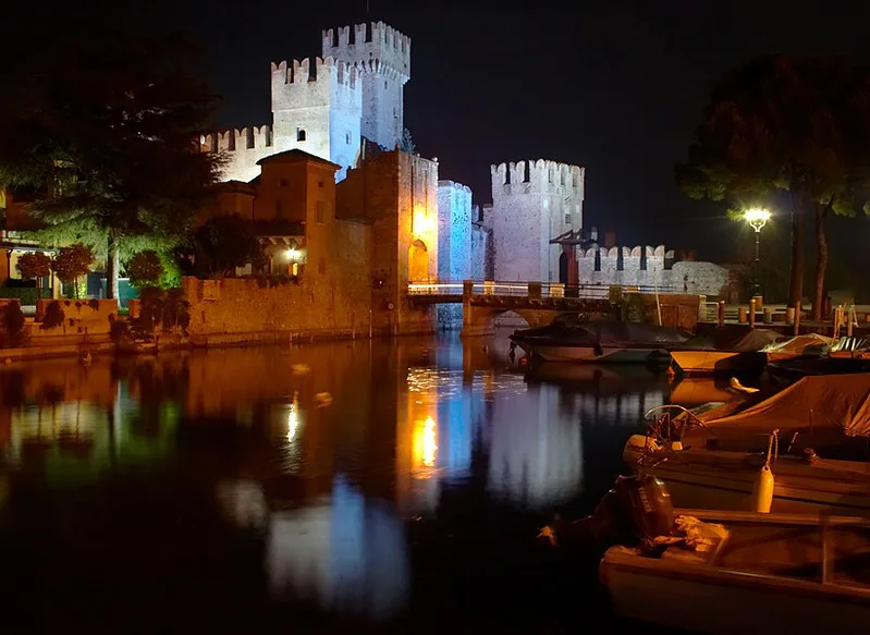 Sirmione's castle lit at night.