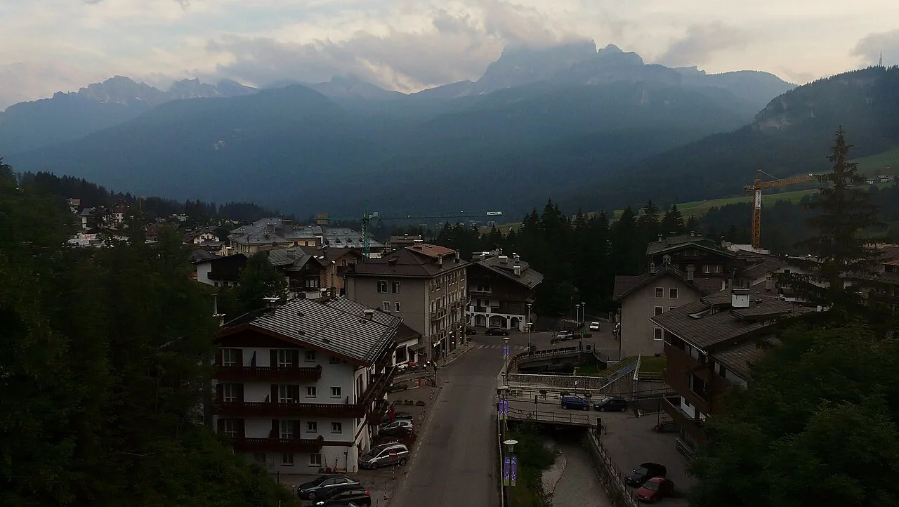 View over the town of Cortina d'Ampezzo from the hills.