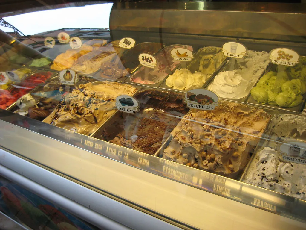 Gelato display in a Venice shop window.