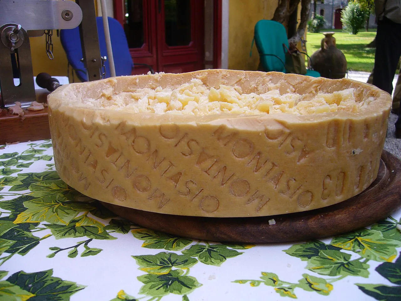A wheel of Italian cheese on a table.