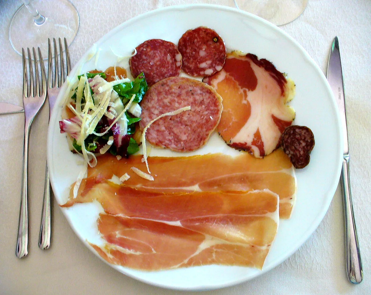 An antipasto plate with salami, ham and salad.