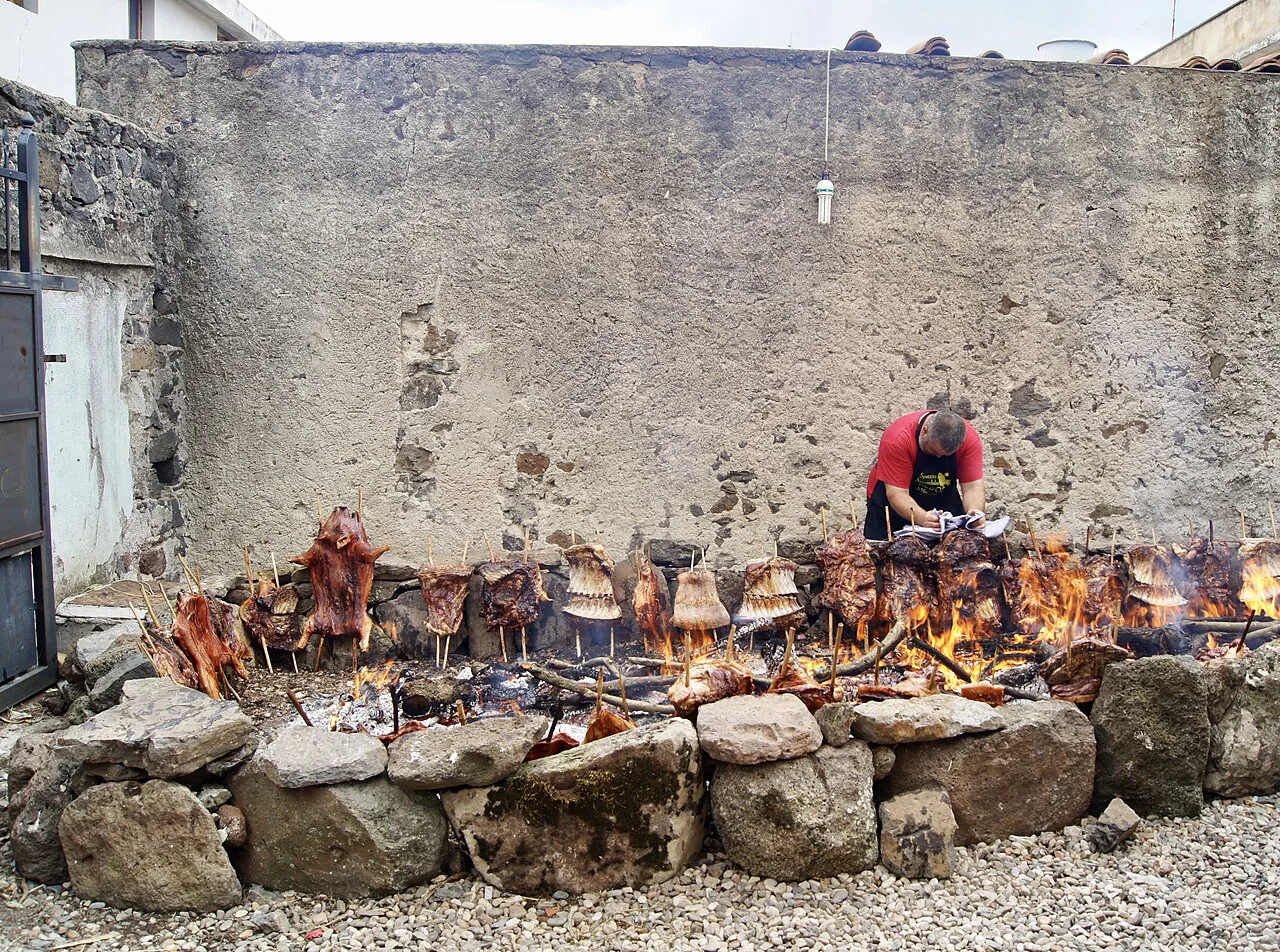 Meat roasting over an open fire at a street food stall in Dorgali.