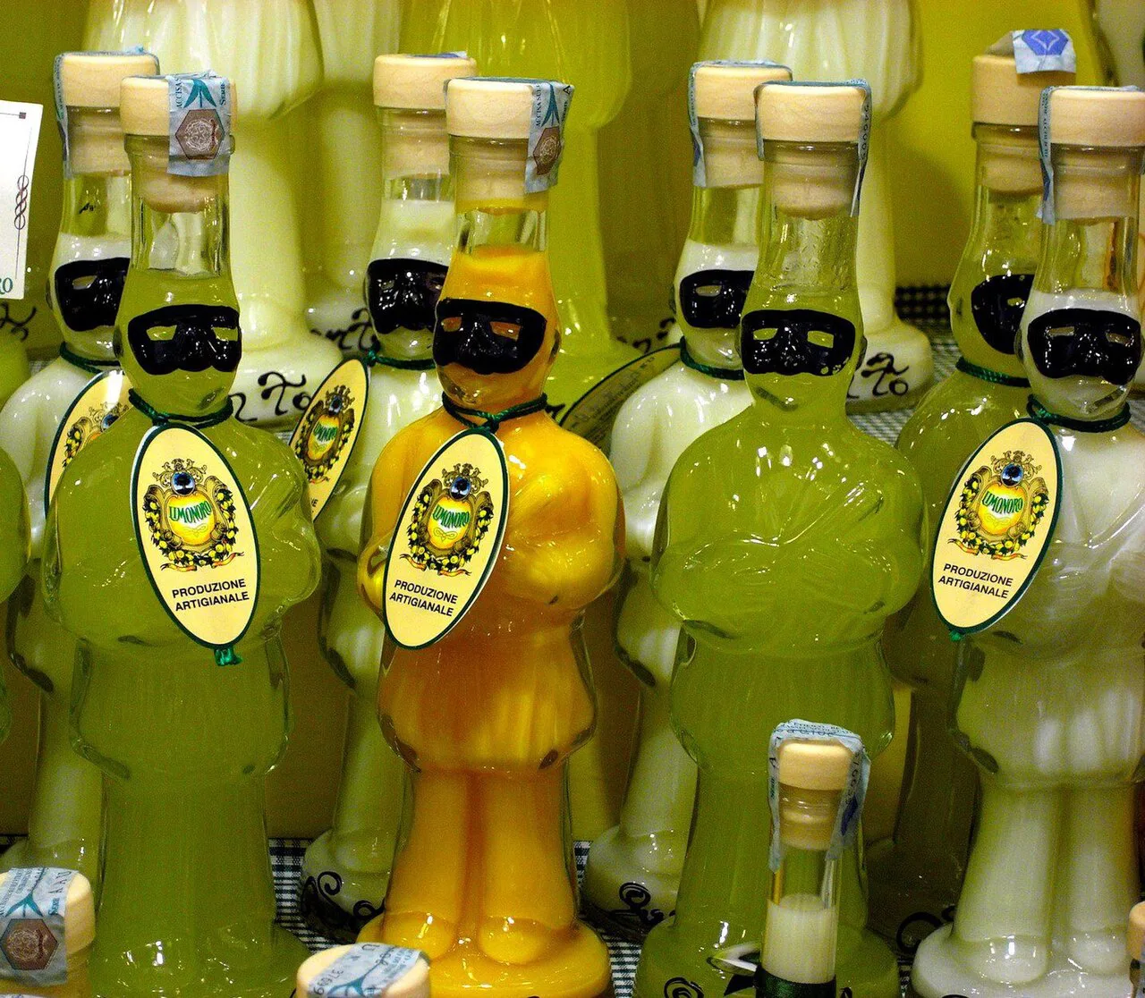 Decorative bottles of limoncello.