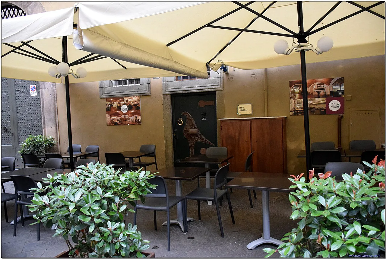 Café terrace with parasols in Lucca.