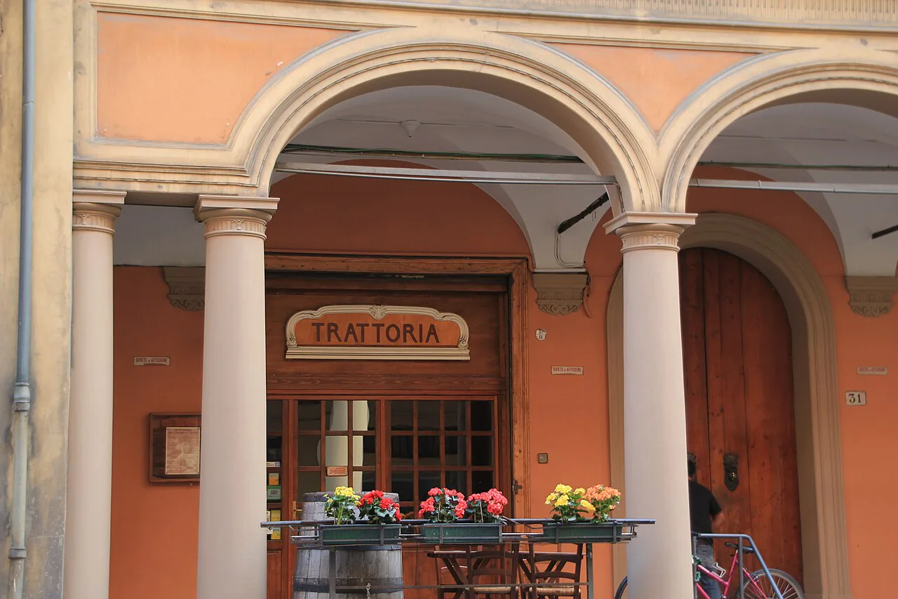 Trattoria under an arcade in Bologna.