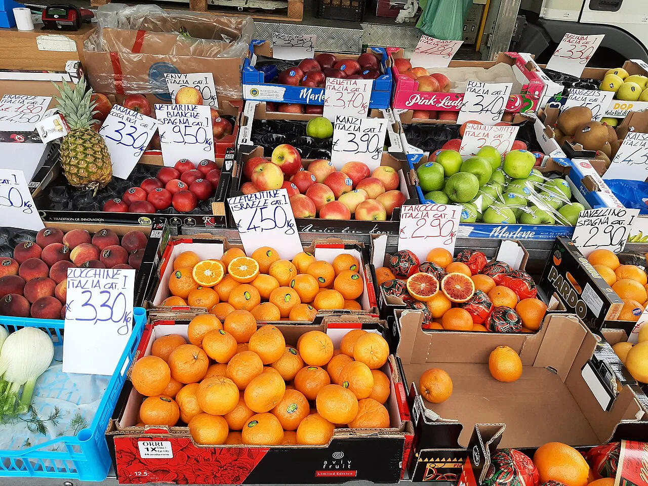 A fruit and vegetable stall at an Italian market.