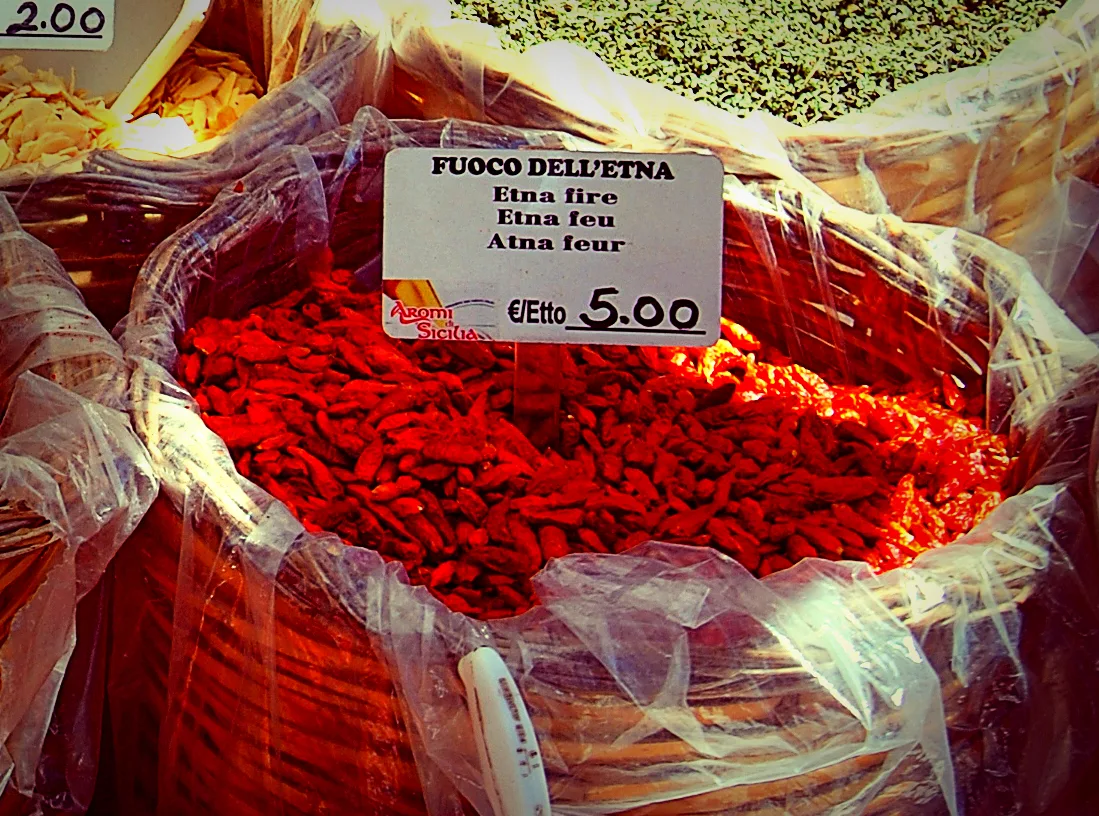 Dried chilli at a spice stall in Ortigia market.