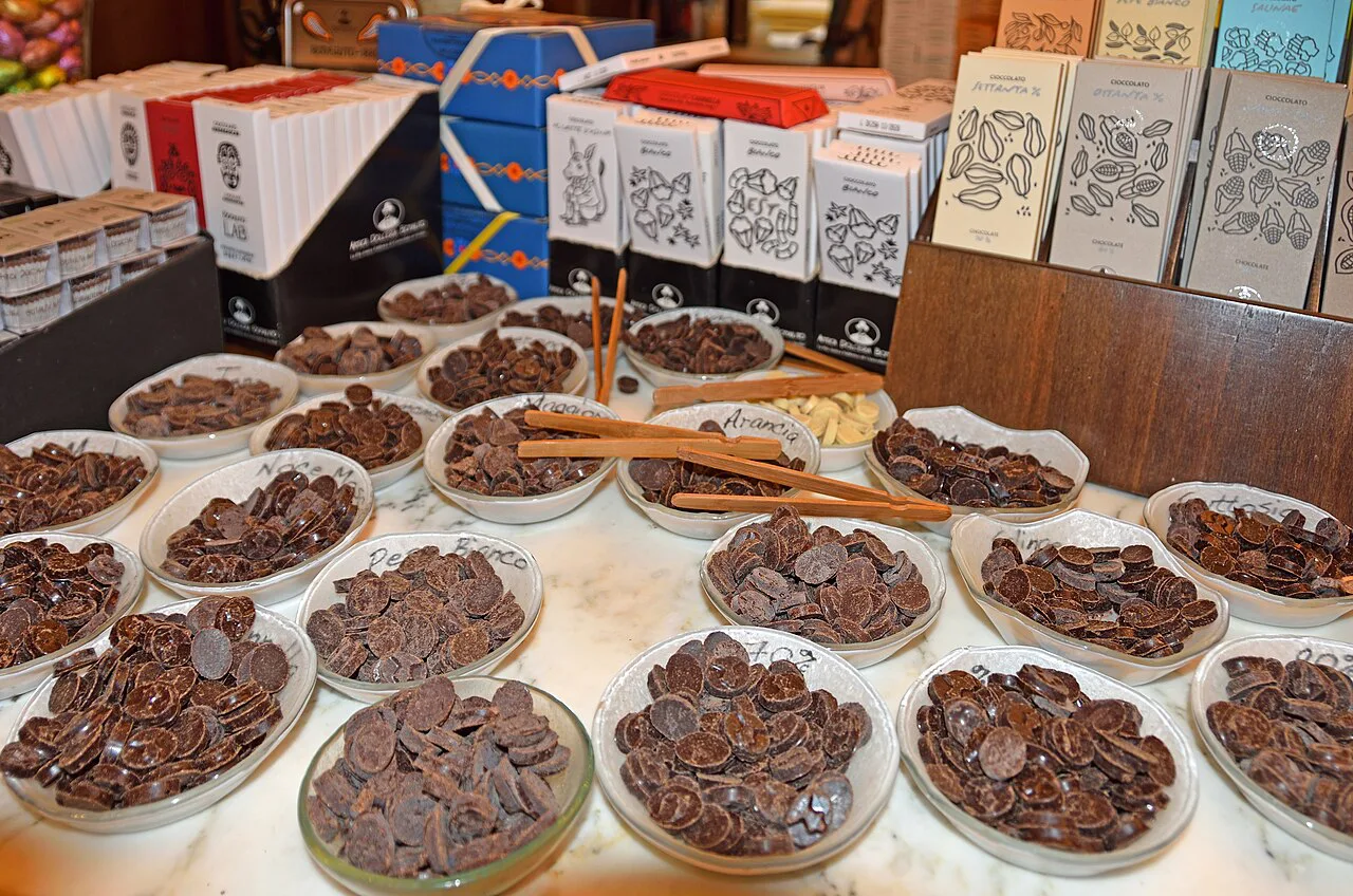 Chocolate discs for sale at a chocolate shop in Modica.