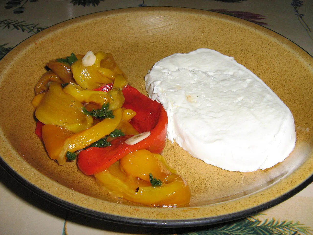Buffalo mozzarella with roasted peppers.