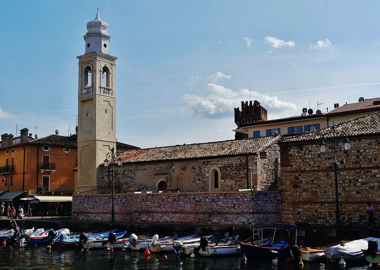 The harbour and church tower at Lazise on Lake Garda.