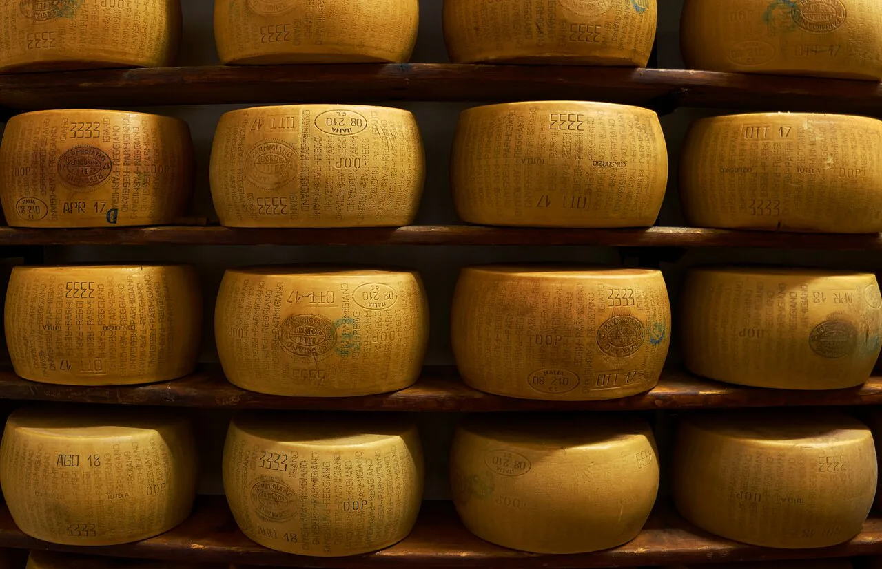 Parmigiano Reggiano wheels on wooden shelves.