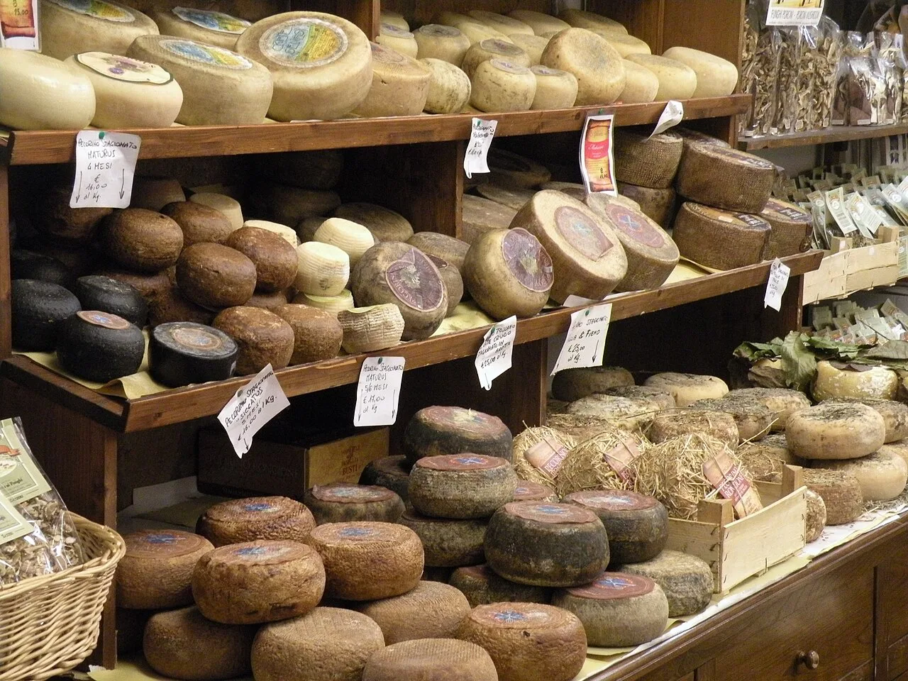 Pecorino cheeses on a shop shelf in Pienza.