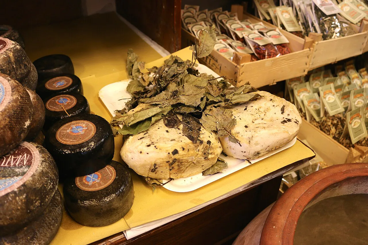 Pecorino cheeses on display in Pienza.